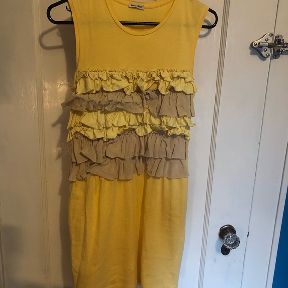 Miu Miu Yellow and Tan Ruffled Tiered Sheath Dress - Picture 1 of 5